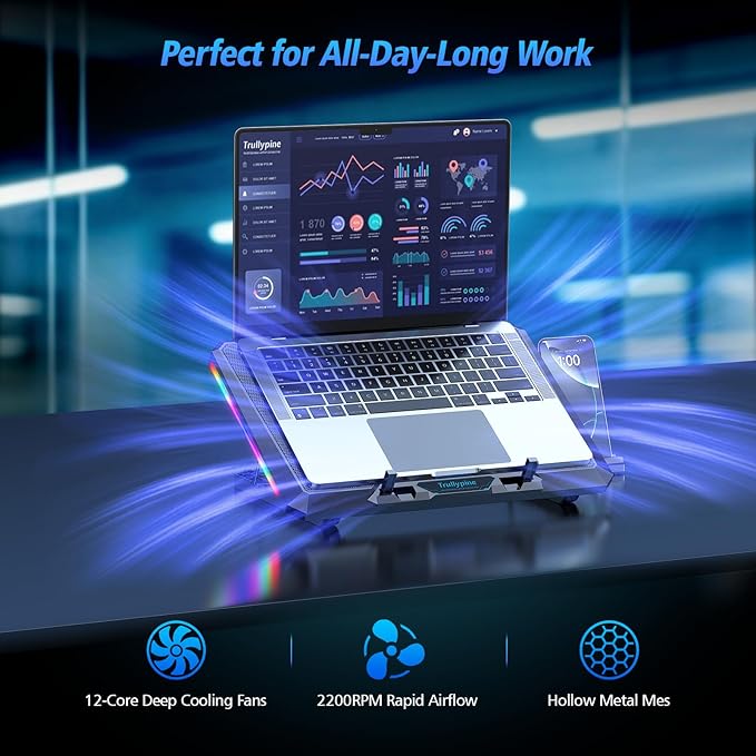 Laptop Cooling Pad with 12 Quiet Fans Slim Portable for 12-17.3 Inch Laptop Cooler Stand with 5 Height Adjustable Ergonomic Gaming Cooling Fan Pad with Two USB Ports &amp Phone Holder (Gear)