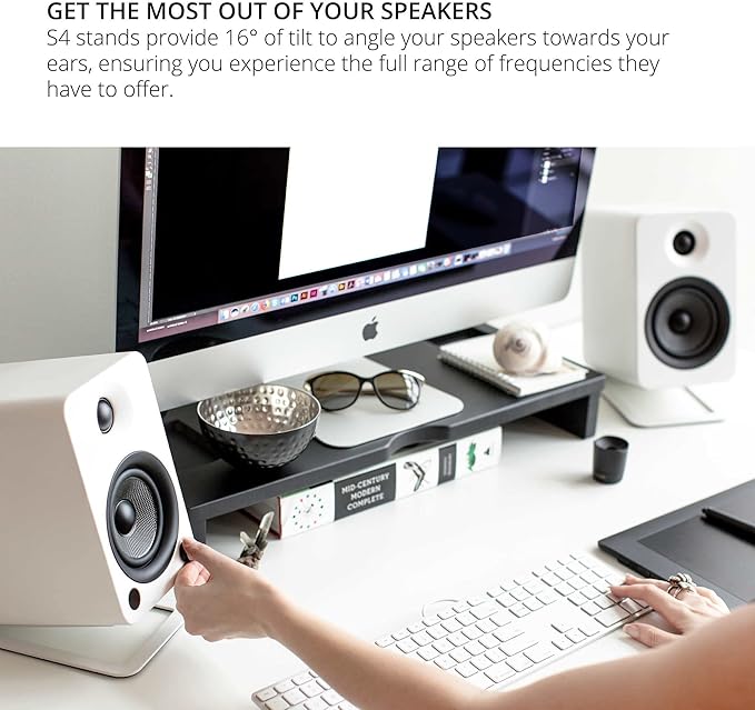 Kanto S4 Tilted Desktop Speaker Stands for Medium Bookshelf Speakers &amp Mid-Size 3”-4” Studio Monitors | Supports 8 lbs | Damping Foam Padding | ¼”-20 Mounting | Pair | White