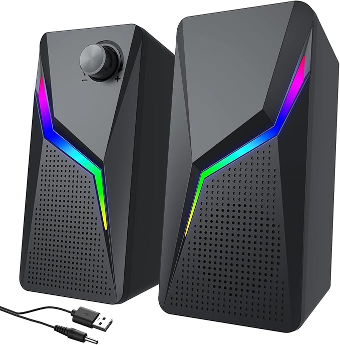 Computer Speakers PC Speakers for Desktop with 6 Lighting Modes PC Gaming Accessories Stereo Sound Desktop Computer Speakers with 2 Bass-Boost Ports USB Powered 3.5mm AUX Cable
