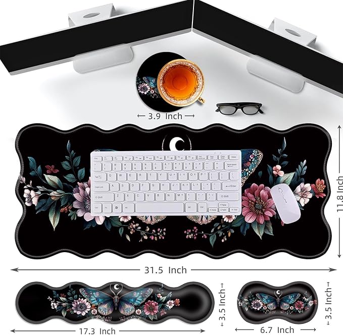 Large Gaming Mouse Pad Keyboard Wrist Rest Pad &amp Wrist Support Mousepad Set Stitched Edge Extended Non-Slip Base Memory Foam Desk Mat for Office HomeAesthetics Floar Butterfly Moon