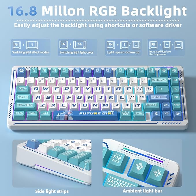 LINGBAO K75 Wireless Mechanical Keyboard 75% Anime Gaming Keyboard with 10000mAh Battery Hot-Swappable Pre-Lubed Switches RGB Backlit PBT Keycaps Creamy Sounding Computer Keyboards for PC/Mac/Win