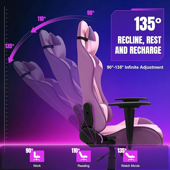 DIKEP Reclining Gaming Chair High-Back Recliner Chair with Headrest and Lumbar Support PU Leather Racing Gaming Chair with Height Adjustable and Headrest 360° Swivel Seat for Adults - Purple &amp P