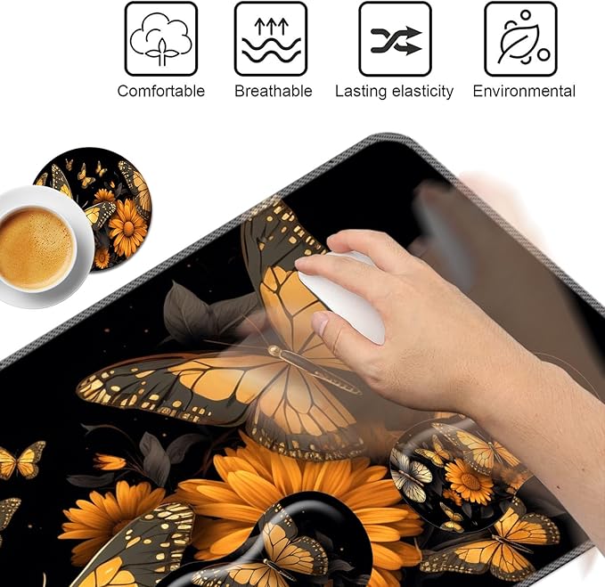 Keyboard Mouse Pad SetLarge Mouse Pad+Keyboard Wrist Rest+Wrist Support+Coaster31.5x11.8in Extended Desk Mat for Computer Laptop Office Home- Flower Butterfly