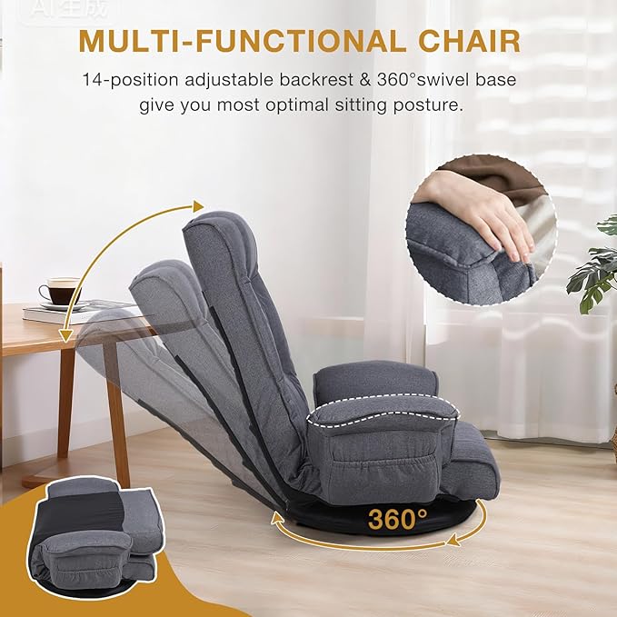 Ergonomic Swivel Floor Gaming Chair with Armrests &amp Side Pockets 6-Position Reclining Sofa Bed Foldable Padded Lounger with Thick Cushion &amp Lumbar Support for Esports Reading TV Watching (