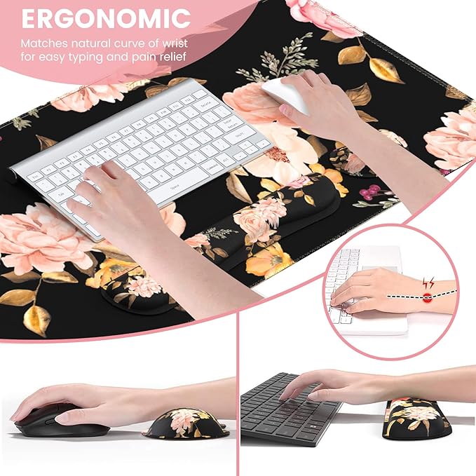 XXL Desk Mat Large Floral Mouse Pad with Wrist Rest Keyboard Wrist Rest 3 in1 Desk Pad Matt Set Gaming Mousepad with Wrist Support Computer Mat for Desktop Office Women LaptopBlack Pink