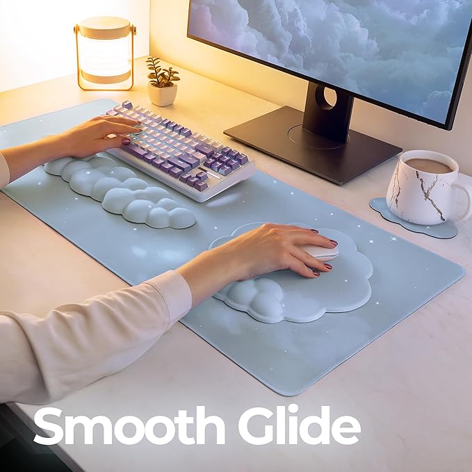 Premium Quality Cloud Wrist Rest Keyboard &amp Mouse Pad Set – Ergonomic Memory Foam Desk Accessories with Wrist Support for Office &amp Gaming – Baby-Blue-Sky