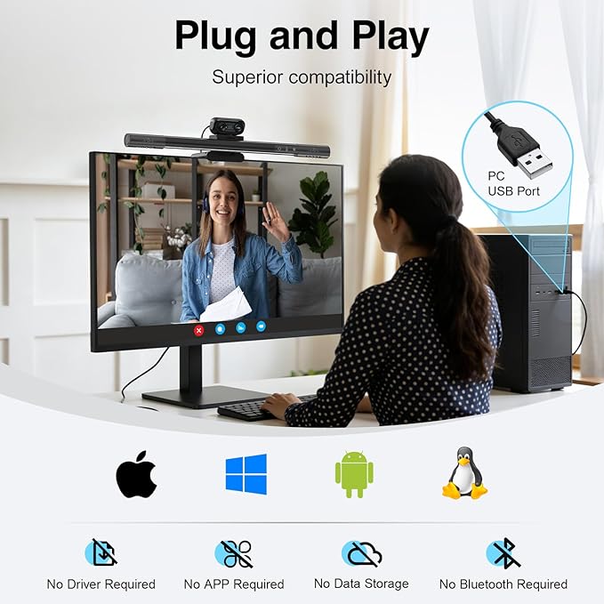 4-in-1 4K Webcam with Microphone and Speaker Noise Cancellation Privacy Cover Auto Light Correction 90° FOV  Plug &amp Play USB Camera with Monitor Light Bar Webcam for PC/Meeting/Online Video