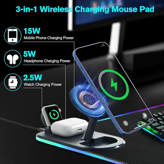ELUTENG Mouse Pad with Phone Holder 4in1 Wireless Charging Desk Mat RGB Ultra-Smooth Gaming Mousepad Waterproof Home Office Large Desk Pad 31.5x11.81 Large Desk Pad Non-Slip Base Keyboard Pad
