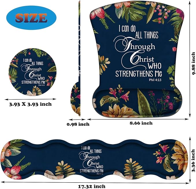 3 in 1 Keyboard Wrist Rest + Mouse Pad and Coaster Ergonomic Gel Mouse Pad and Keyboard Pad Set Comfortable Lightweight for Easy Typing Pain Relie Bible Verse Phil 4-13