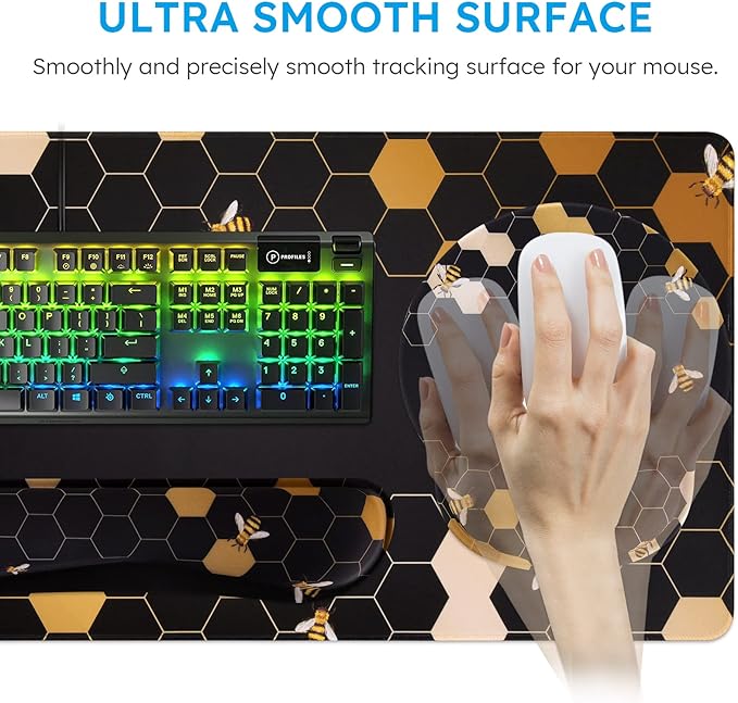 iCasso Desk Mat Gaming Mouse Pad Wrist Support Set4in1 XXL Large Mousepad + Keyboard Wrist Rest+Mouse Wrist Rest+Coaster Set with Ergonomic Design for Home Office Table Computer-Honeycomb