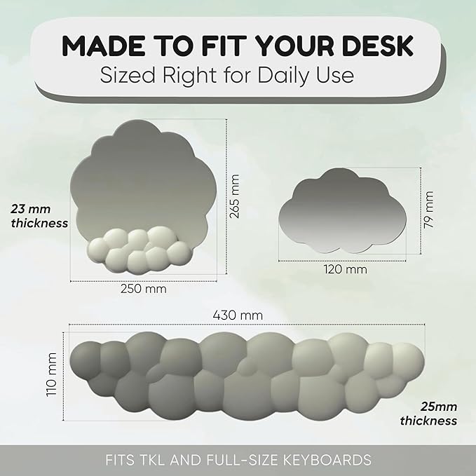 THONIV - Cloud Wrist Rest for Keyboard and Mouse Soft Memory Foam Support with Non-Slip Base Cute Cloud Design for Typing Gaming Office Bonus Coaster Included for Desk Aesthetic (Green Gradient)