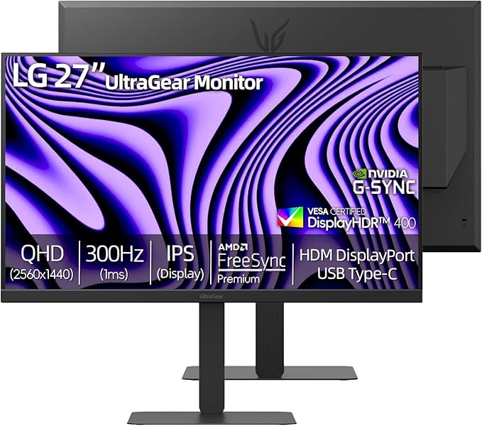 LG 27 QHD Ultragear Monitor 300Hz 1ms NVIDIA G-Sync AMD FreeSync Premium VESA DisplayHDR 400HDMI Displayport USB Type-C Tilt/Height/Swivel &amp Pivot Adjustment Stand