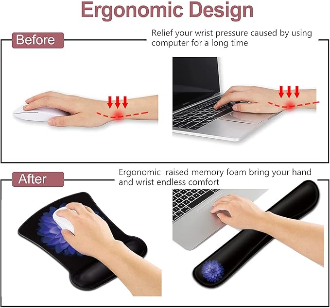 Computer Mouse Desk Pad and Keyboard Wrist Rest Watercolor Purple Flowers Beautiful Office Accessories Desktop Decoration Wireless Black MousePad for Women Typing Playing Games in The Office