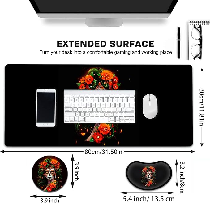 Large Mouse Pad with Mouse Wrist Rest 31.5x11.8 in Extended Mouse Mat Ergonomic Memory Foam Wrist Rest for Work &amp Gaming Writing Pad Colorful Day of The Dead Women Black Office Desk Pad