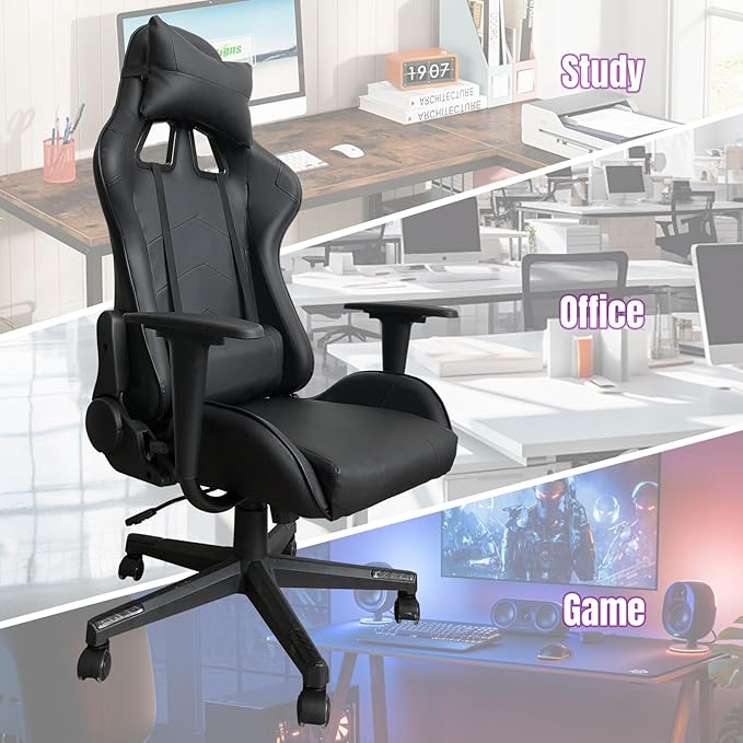 DIKEP Gaming Chair Computer Office High Back Leather Gamer Chair Ergonomic Adjustable Racing Chair with Headrest and Lumbar SupportBlack