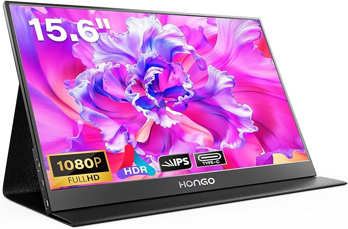 HONGO Portable Monitor 15.6'' 1080P FHD USB-C Portable Laptop Monitors Smart Cover &amp Dual Speaker HDMI Computer Display IPS HDR External Gaming Monitor for PC Phone Mac Xbox PS4 Switch