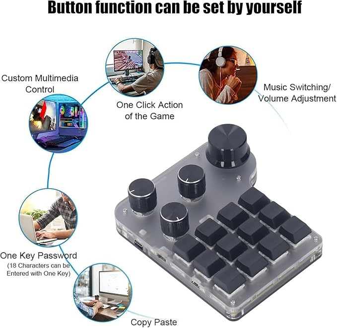 Asixxsix Mini Macro Mechanical Gaming Keyboard 12 Keys One Handed USB PC Keypad with 4 Knobs Programmable Shortcut Custom Function RGB Macro Mechanical Keyboard