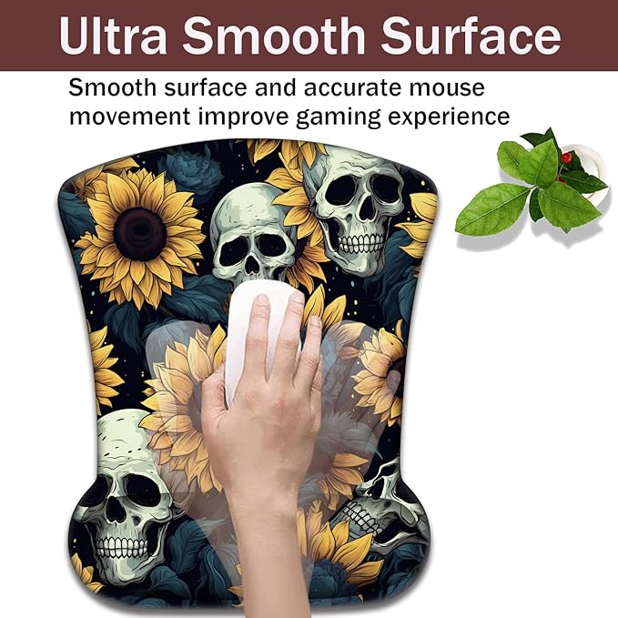 Keyboard Wrist Rest and Mouse Pad Wrist Support with Lace-Shaped Coaster Set Ergonomic Gel Memory Foam and Anti-Slip Base Easy Typing and Pain Relief - Skull Sunflower