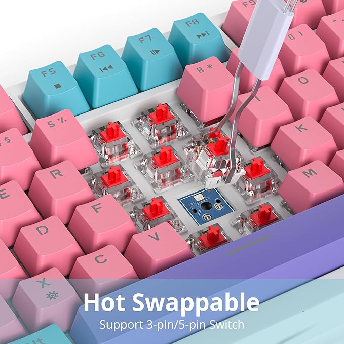 75 Percent Pink Keyboard Gasket-Mounted with Sound Absorbing Pads and Pbt Keycaps 82-Key Compact Wired RGB Mechanical Gaming Keyboard Hot-Swap Socket for Win Miami Theme Pink