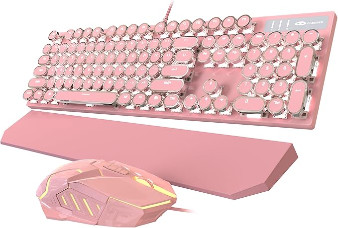 Typewriter Mechanical Gaming Keyboard and Mouse Combo Retro Punk Round Keycaps RGB Rainbow Backlit Wired Keyboard for Game and Office for Windows Laptop PC Red Switches(Pink)