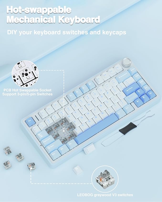 AULA F75 75% Wireless Mechanical Keyboard Hot Swappable Creamy Keyboard Pre-lubed Greywood Switches RGB Backlit Gaming Keyboards 2.4GHz/Type-C/BT5.0(Salt White Blue)