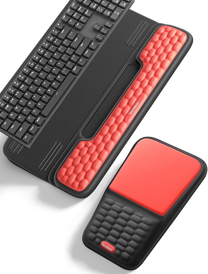 Vaydeer Keyboard Stand and Mouse Pad Set with Wrist Rest Computer Wrist Support Pad Soft Memory Foam Desk Cushion Ergonomic Keyboard Riser Holder Lift with Wrist Support for Office Gaming Red