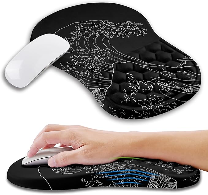 Ergonomic Mouse Pad Wrist Support with Memory Foam Massage Bulge Carpal Tunnel Pain Relief Mousepad Wrist Rest for Mouse(12x8 inchSea Wave)
