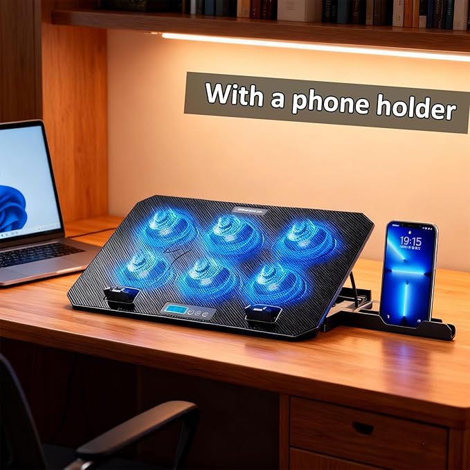 6 Quiet Fan Laptop Cooling Lighting Adjustable Foldable Cooling Pad LED Light Fan with 2 USB Port Phone Holder Travel Accessory