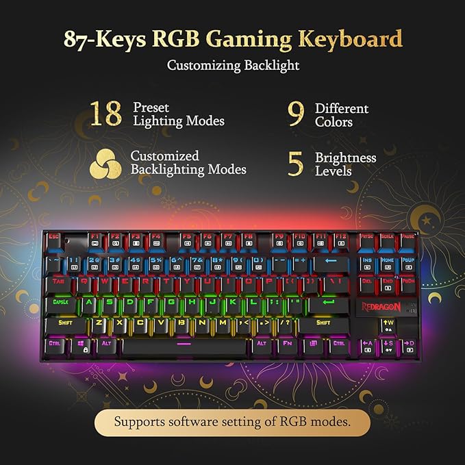 Redragon K552P Mechanical Gaming Keyboard TKL with 18 Backlight Modes Hot-Swappable Red Switches 87-Key Compact Ergonomic Design N-Key Rollover &amp Software Programmable Macro - RGB Black