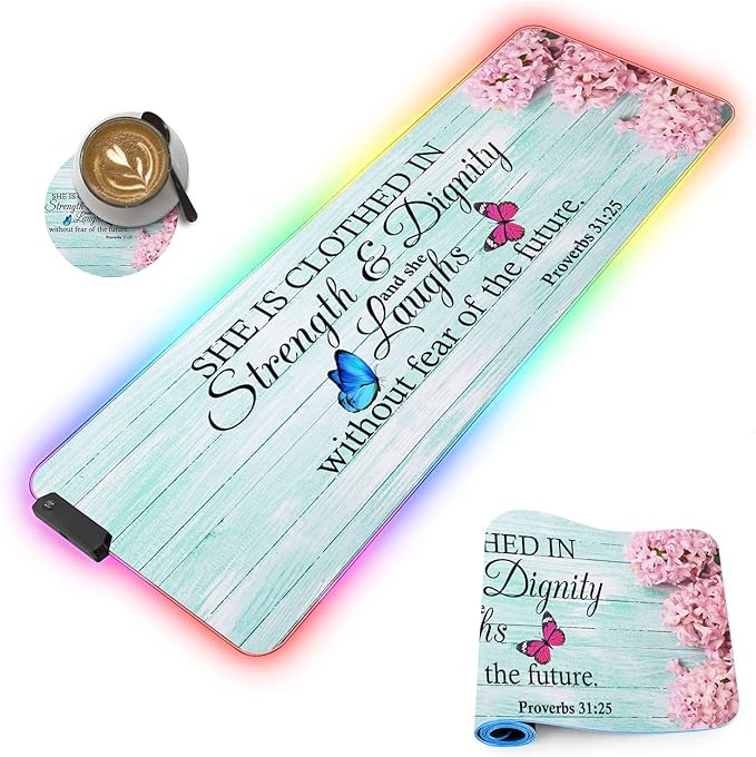 Customized RGB Gaming Mouse Pad and Coffee CoasterLarge Glowing Led Anti-Slip Rubber Base Computer Keyboard Desk Mouse Mat 31.4x11.8 InchPink Hyacinth Bible Verse Proverbs 31-25