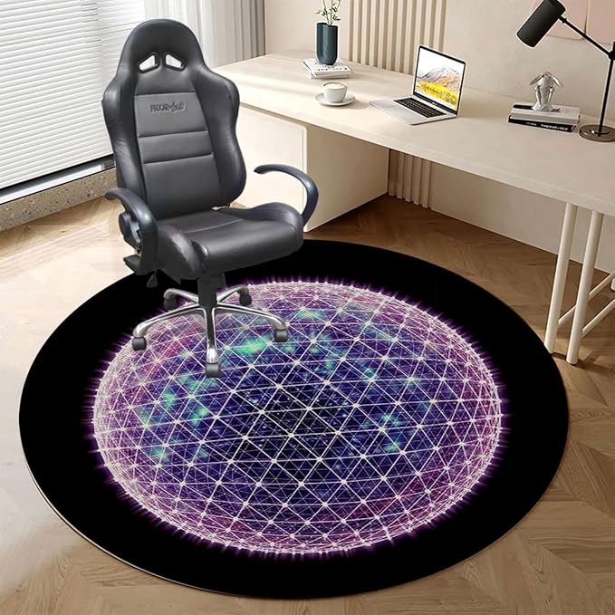 Blue Purple PU Leather Computer Chair Mat for Rolling Chair Colorful Geometric Circular Motifs Under Desk Low-Pile Office Rug Large Anti-Slip Multi-Purpose Dark Blue Flower Diameter 35.4 in