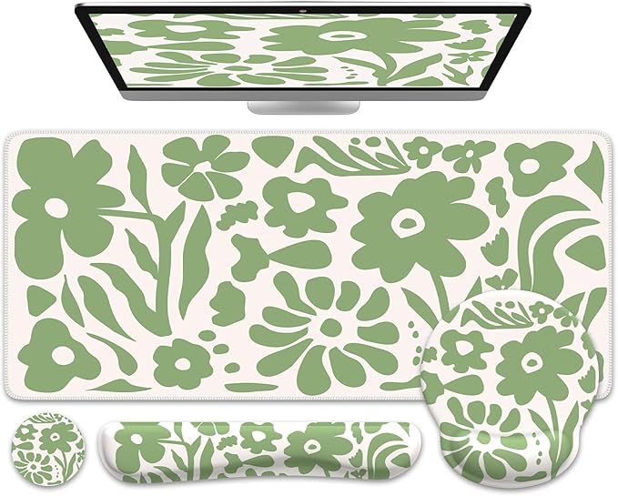 iCasso Desk Cover Mat 4in1 Floral Large Mouse Pad with Wrist Rest Desk Matt for Desktop Anti-Slip XXL Big Computer Ergonomic Mousepad with Wrist Support for Keyboard and Mouse (Green)