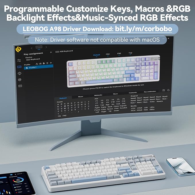LEOBOG A98-96% Mechanical Keyboard Wireless Tri-Mode BT5.0/2.4GHz/USB-C Creamy Keyboard with Number Pad Gasket Structure Hot Swappable Custom Gaming Keyboard RGB Backlit with Knob for PC