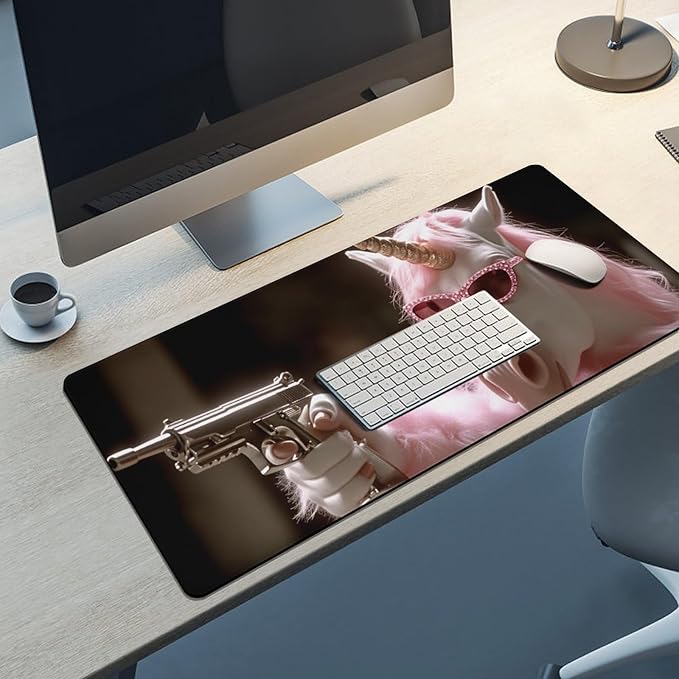 Pink Fur Glasses Unicorn Gun Gaming Mouse Pad Non-Slip Rubber Base 3XL Mousepad with Stitched EdgesWaterproof Washable Mouse Mat for Desk Home Office Gaming 35.5x16