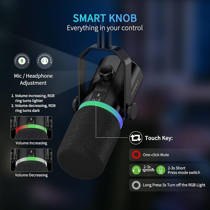 FEELWORLD PM1 XLR USB Dynamic Microphone Gifts for Podcast Recording PC Computer Gaming Live Streaming Vocal Voice-Over Studio Metal Mic with Voice-Isolating RGB Light Mute Button Headphones Jack
