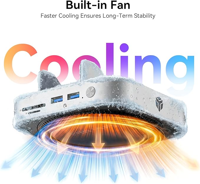 Yottamaster 9 in 1 Mac mini M4 Dock 10Gbps with 8TB NVMe SATA SSD Enclosure Aluminum Mac mini M4 Stand and Hub Built in Cool Fan USB-A*2/USB-C 10Gbps USB-A 2.0 * 2 3.5mm Audio*2 TF/SD