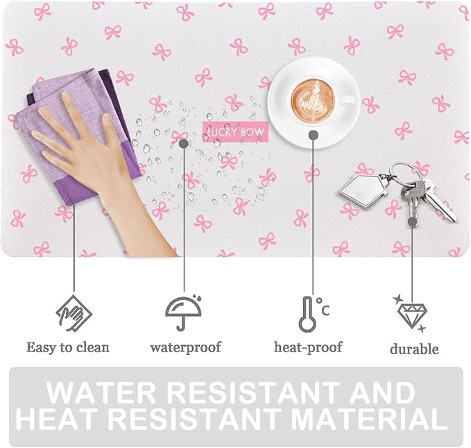 Cute Pink Bow Extended Gaming Keyboard Mouse Pad Non-Slip White Leather Home Office Desk Mat Protector Laptop Desk Pad Writing Pad