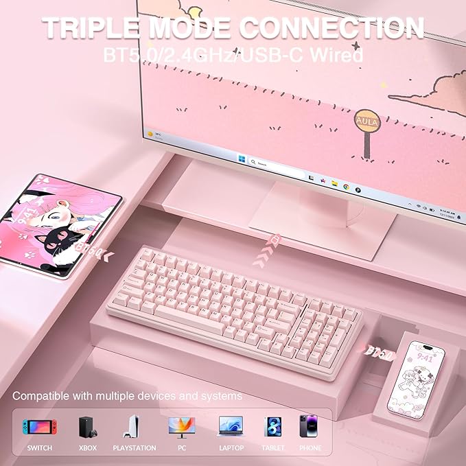 AULA F99 Wireless Mechanical Keyboard-Silent VersionTri-Mode(BT5.0/2.4GHz/USB-C)Gasket StructureHot Swappable Mechanical Keyboard with Pre-lubed Linear SwitchesRGB Backlit PC Gaming KeyboardsPink