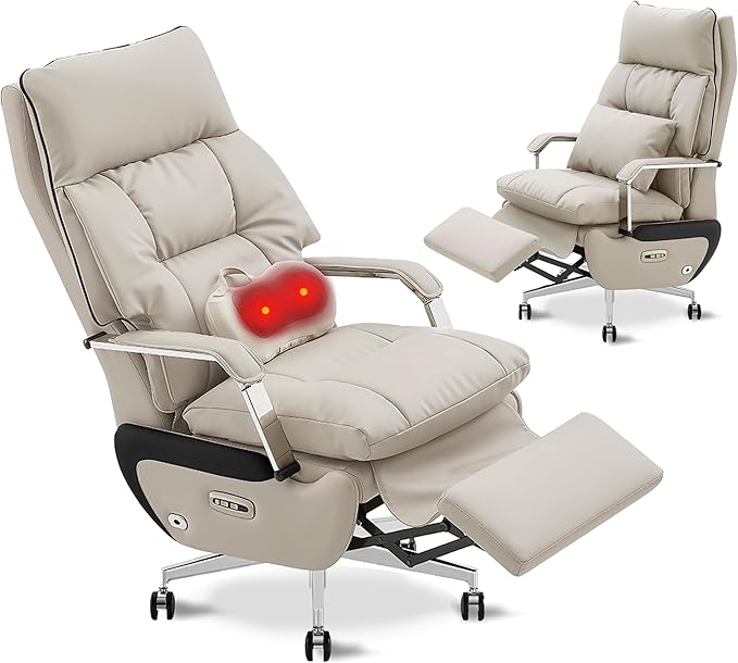 Dual Motor Executive Reclining Office Chair with Footrest – One-Click Electric Recline Massage Lumbar Support &amp Pillow Big and Tall PU Leather Ergonomic Desk Chair for Home Office/Gaming(White)
