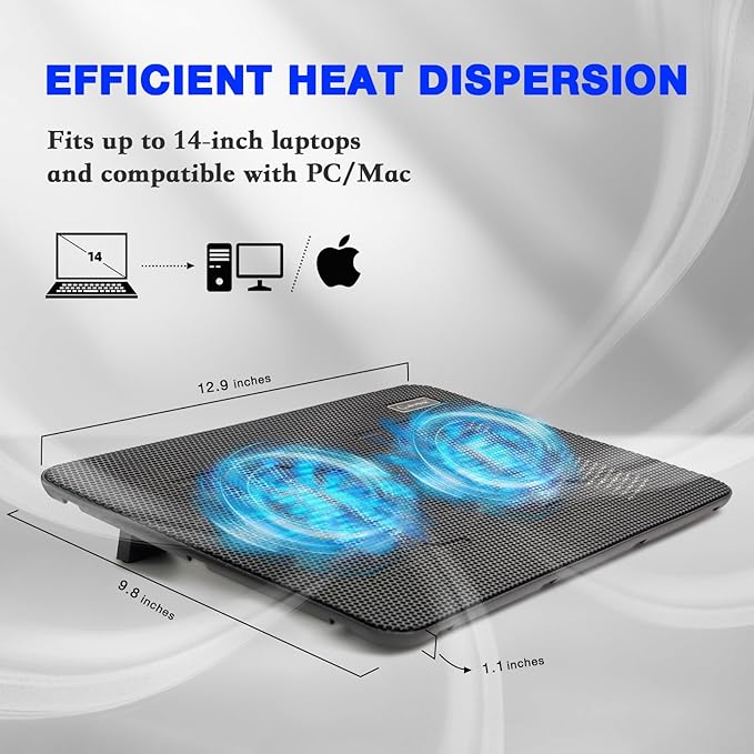 Laptop Cooling Pad Coolertek Portable Slim Quiet Laptop Notebook Cooler Cooling Pad Stand with 2 Blue LED Fans USB Powered Adjustable Angled Fits 11-14 Inch Laptop