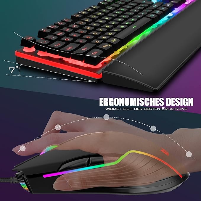 RedThunder K10 Wired Gaming Keyboard and Mouse and Wrist Rest Combo RGB Backlit Mechanical Feel Anti-ghosting Keyboard + 7D 7200 DPI Mice+Soft Leather Wrist Rest 3 in 1 PC Gamer Accessories(Black)