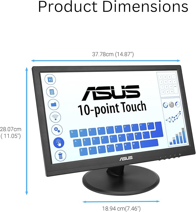 ASUS 15.6” 1080P Touch Monitor (VT169HE) - Full HD 10-Point Touchscreen IPS Wide Viewing Angle Frameless Eye Care Flicker Free Low Blue Light HDMI Windows 11 Compliance VESA Mountable