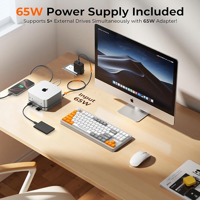 40G Mac mini M4 Dock &amp Stand with 8T NVMe SSD Enclosure 11-in-1 USB 4 Mac mini Hub with 2X USB-A 3.2 10Gbps USB-C 3.2 10Gbps SD/TF 4.0 65W Power Adapter 8K DP Video Interface 3.5mm Audio