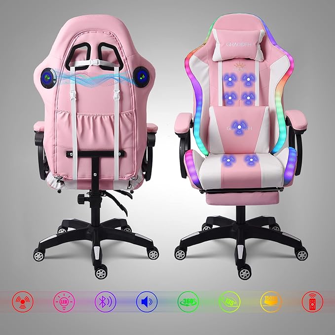 Ergonomic Gaming Chair with Footrest and Lumbar Support Video Gaming Chair with Speaker and LED Light Gaming Chair with Full Massage Function 90°-135° Tilting Computer Chair.Pink