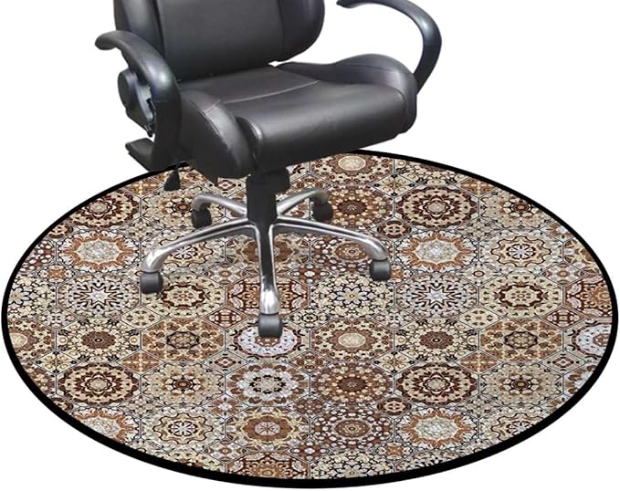 Beige Dark Brown Pale Brown Round Chair Mat Floor Protector Non-Slip Floor Low Pile Desk Chair Mat Rolling Chair and Computer Desk Carpet Mat Retro Old Fashioned Tile Diameter 35.4 in