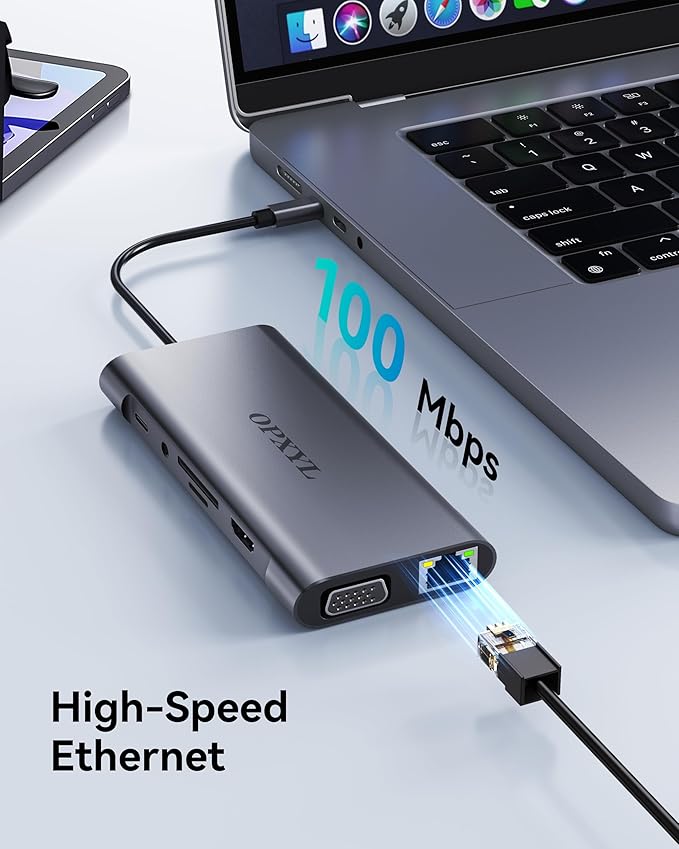 11-in-1 USB C Hub Multiport Adapter USB C Docking Station with 4K HDMI VGA 1080P 100W PD Ethernet SD/TF Audio USB 3.0 Port Laptop Dock for MacBook Pro/Air iPad Windows