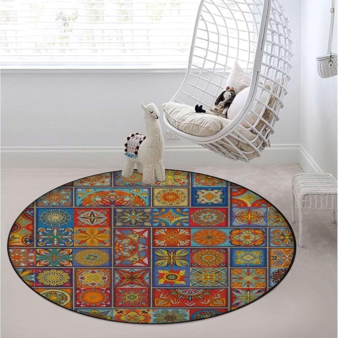 Orange Red Round mat Office Chair Mat Hardwood Floor mat Chair mat Round Chair Cushion for Desk Chair Office ChairCushion Chair Mat Geometric Patterns Floral Patchwork Print Diameter 47.2 in