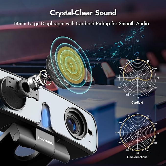 ROCWARE RC28 1080P 60FPS Webcam with Dual Microphones | Cardioid &amp Omnidirectional Pickup Hi-Fi Sound AI Noise Cancellation &amp Raw Audio Modes for Streaming Video Calls &amp Studio-Quality