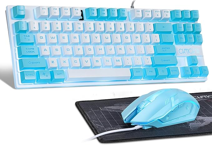 CHONCHOW Blue Keyboard and Mouse Combo 87 Keys TKL USB Wired LED Light Up Backlit Keyboard 800-3200 DPI RGB Mouse Blue Mouse and Keyboard Combo for PS4 PS5 PC Laptop Mac Computers