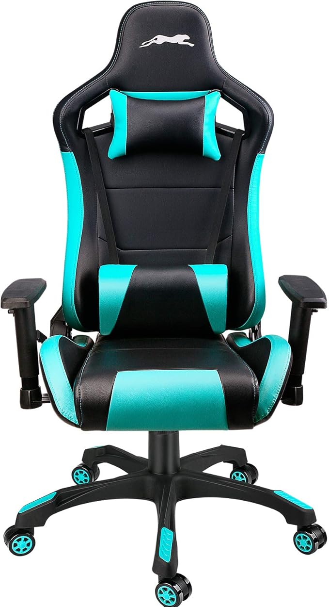 Leopard Gaming Chair High Back PU Leather Office Chair Adjustable Video Gaming Chairs Swivel Racing Chair with Adjustable Armrest (Black/Light Blue)